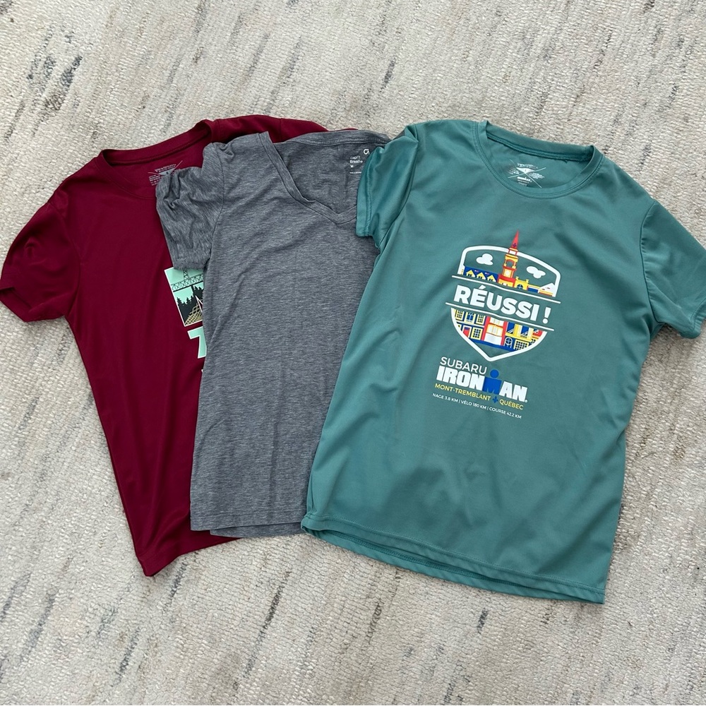 Bundle of 3 athletic t-shirts, various colors, 2 size medium, 1 size large